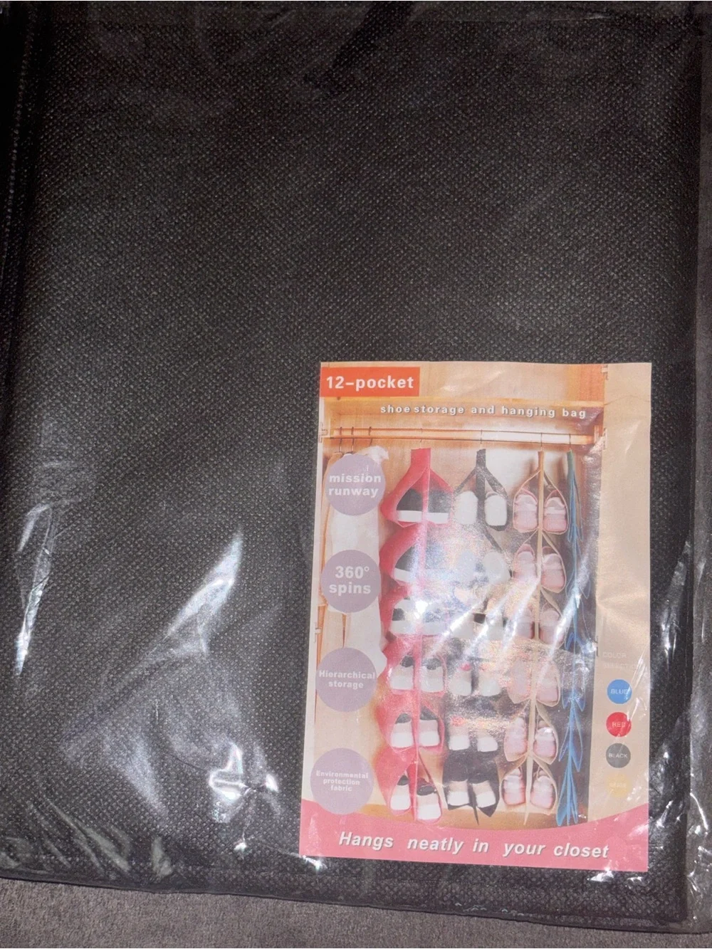 12-Pocket Shoe Storage Hanging Bag - Black